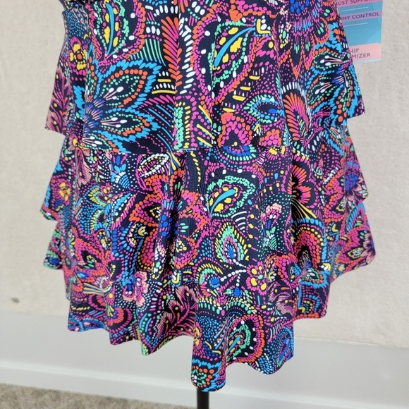 Swim Solutions Navy Multi Color Floral Tummy Control Tiered Swimsuit Sz10 D NEW - Picture 6 of 16